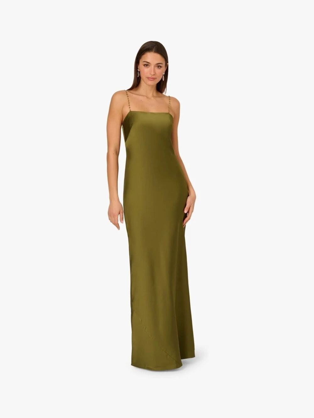 Olive Green Satin Formal  Gown, Wedding Guest Dress Sheath Gown Adrianna Papell